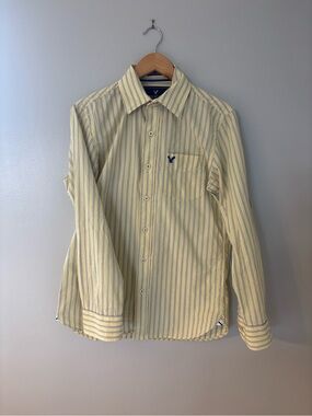 Butter yellow 100% cotton, American eagle dress shirt with blue stripes